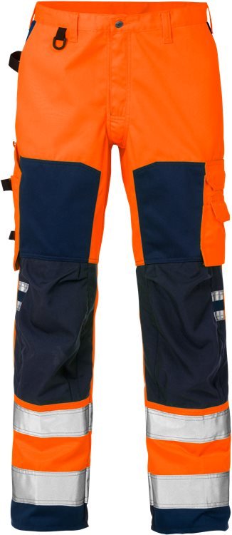 High vis housut lk.2, 2026 PLU Neonoranssi/Tummansininen - Suomen Brodeeraus