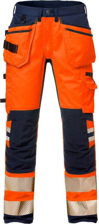 High vis rakentajan stretch housut lk 2 2707 PLU Neonoranssi/Tummansininen - Suomen Brodeeraus