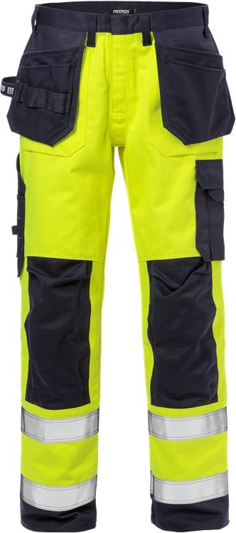 Palosuojatut High vis rakentajan housut lk 2 2584 FLAM Neonkeltainen/Tummansininen - Suomen Brodeeraus