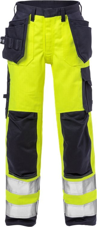 Palosuojatut High Vis rakentajan housut naisten lk 2 2589 FLAM Neonkeltainen/Tummansininen - Suomen Brodeeraus