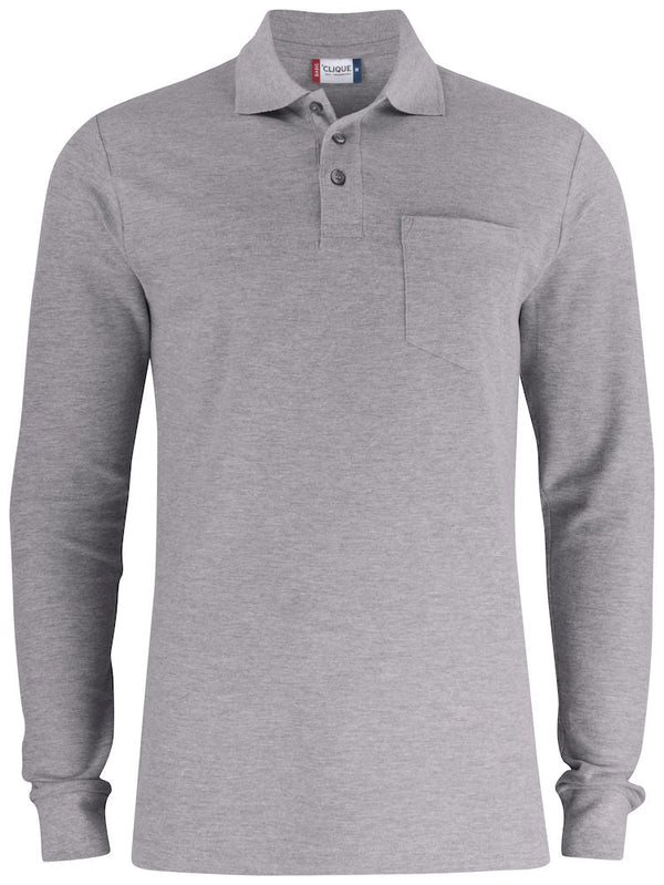 Basic Polo LS Pocket Grey melange - Suomen Brodeeraus