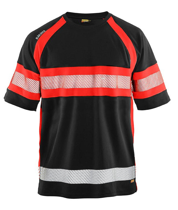Highvis t-paita, UV-suoja Musta/Huomio punainen - Suomen Brodeeraus
