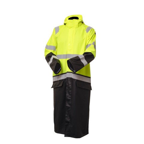 Huomiovärinen pitkä sadetakki kelta/musta - Suomen Brodeeraus