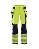 Naisten highvis riipputaskuhousut 4-way stretch Huomio keltainen/Mariininsininen - Suomen Brodeeraus