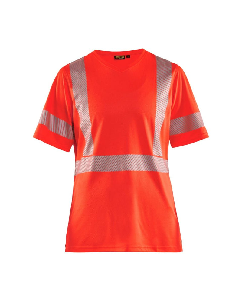 Naisten highvis t-paita, UV-suoja Huomio punainen - Suomen Brodeeraus