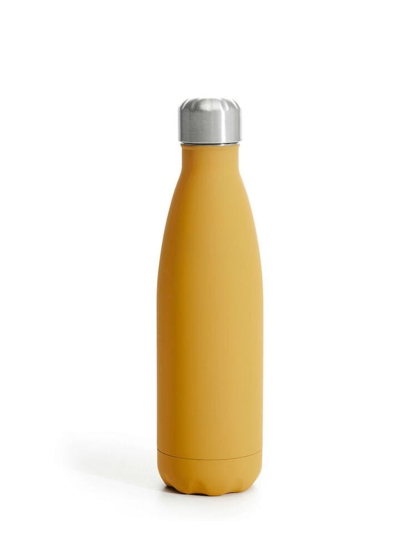 Teräksinen juomapullo 500ml, kumipinta, keltainen - Suomen Brodeeraus